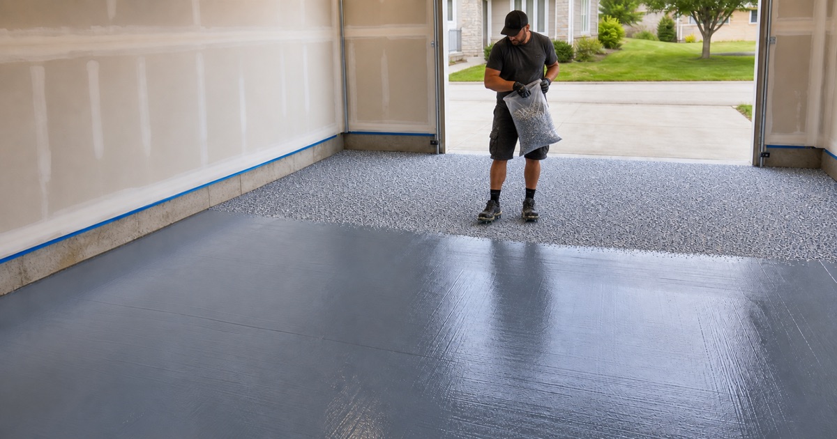 A crouching worker peels back a sheet of failed gray floor paint, exposing clean concrete beneath it.