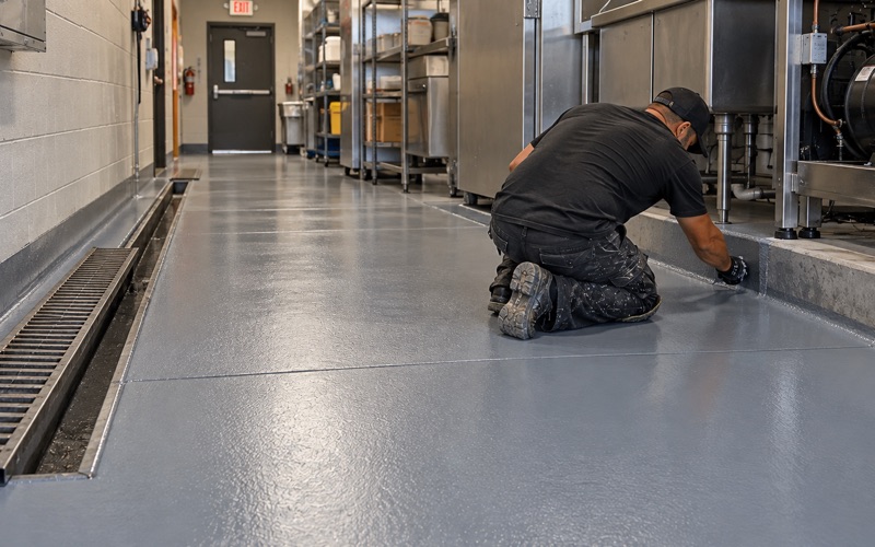 A worker mixes overlay material in a bucket on the floor beside a spalled slab that is half covered with fresh gray resurfacing.