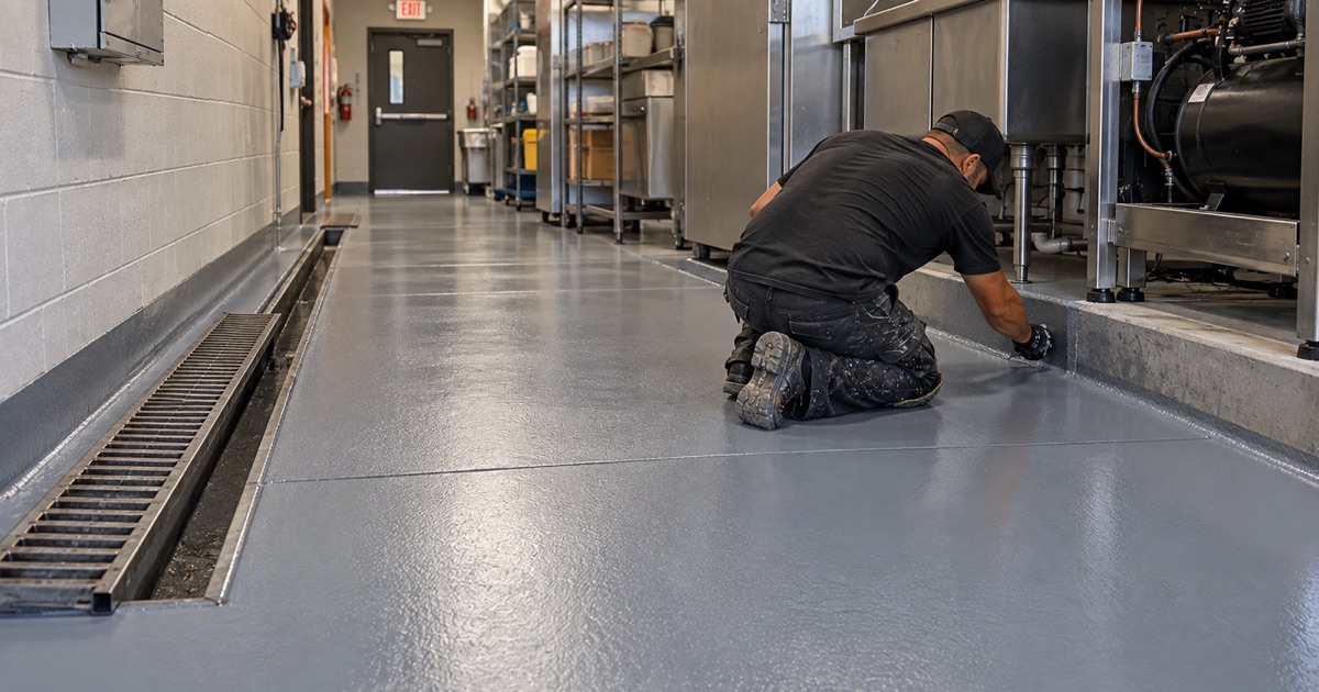 A worker mixes overlay material in a bucket on the floor beside a spalled slab that is half covered with fresh gray resurfacing.