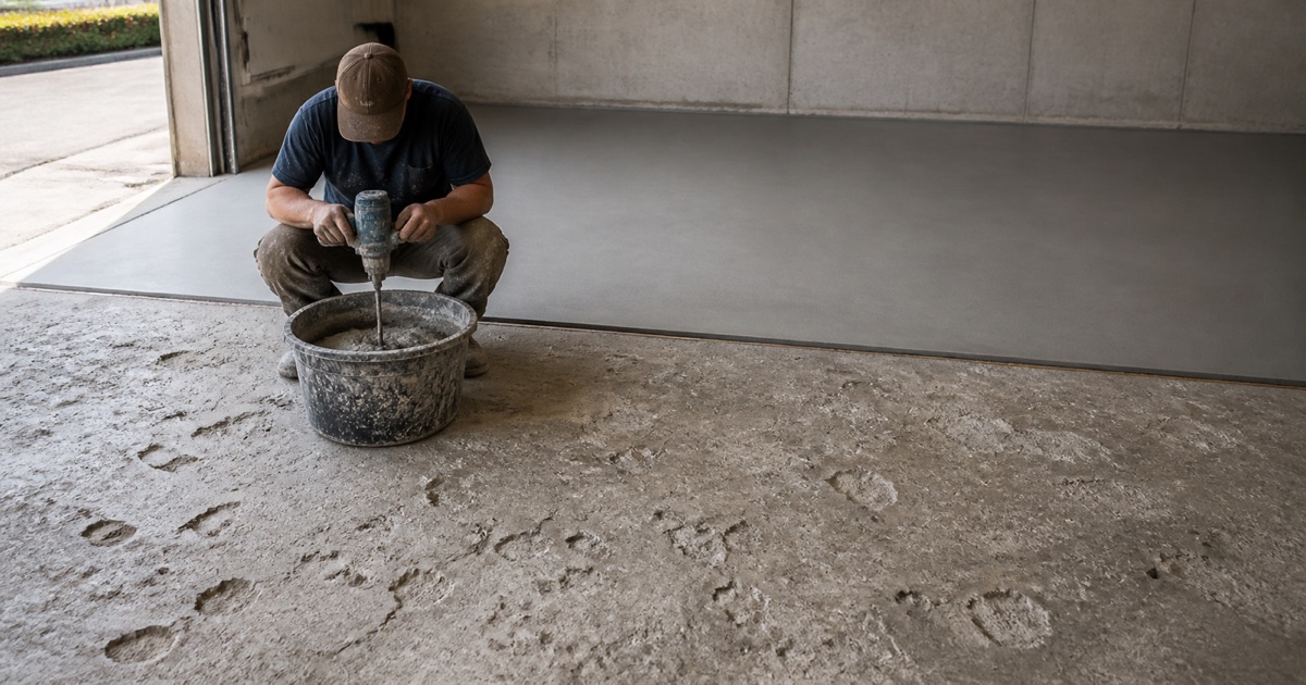 A kneeling installer back-rolls a glossy clear polyaspartic topcoat over a flake garage floor that continues out to the driveway apron.