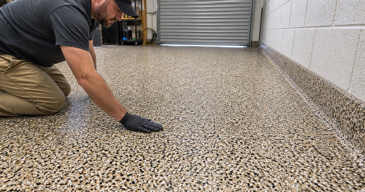 A kneeling applicator draws a spiked roller through a wet metallic epoxy pour marbled in pewter, charcoal and copper.