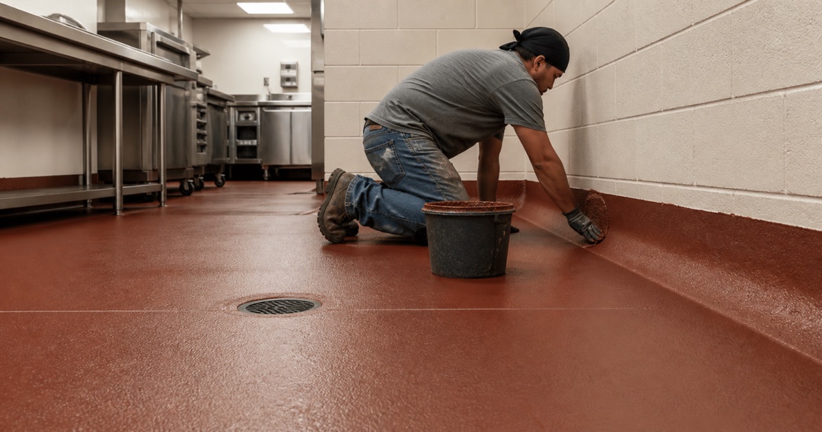 An installer casts an arc of blue-gray and white flake from an open palm over a wet epoxy base coat in a garage bay.