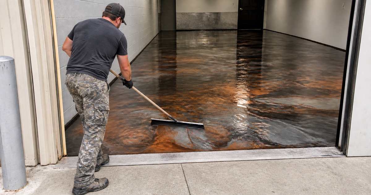 An operator crouches with one hand on the dust shroud collar of a walk-behind grinder that has ground half the shop bay floor open and matte.