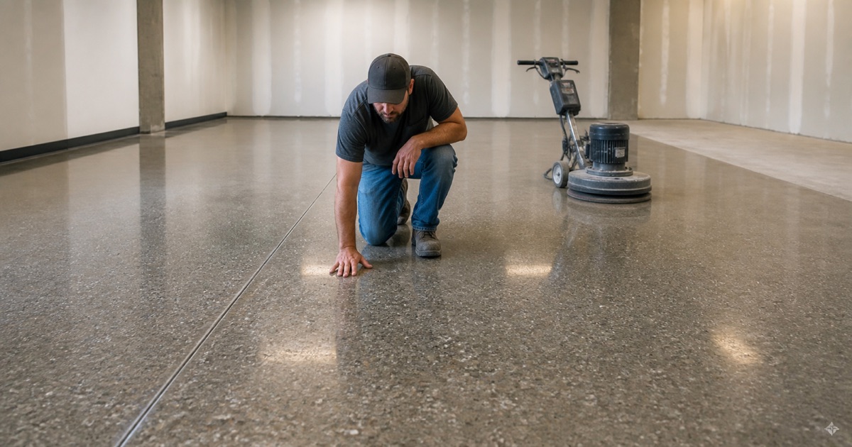 An applicator pulls a wide squeegee of wet gray epoxy base coat across a garage slab toward the roll-up door threshold.