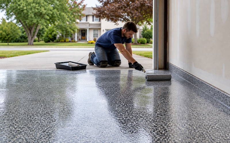 A finisher crouches with a flat palm on a polished concrete floor beside a filled saw-cut joint in a tilt-up tenant space.