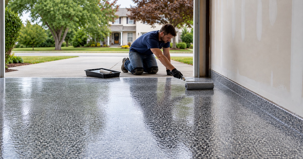 A finisher crouches with a flat palm on a polished concrete floor beside a filled saw-cut joint in a tilt-up tenant space.
