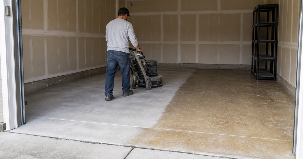 A worker kneels with one gloved hand flat on a finished tan and gray flake garage floor that ends at the open roll-up door threshold.