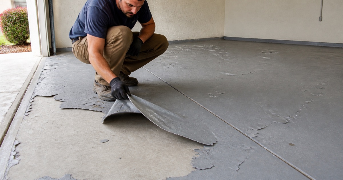 An operator pushes a walk-behind planetary grinder across a garage slab where freshly ground concrete meets an older sealed half.